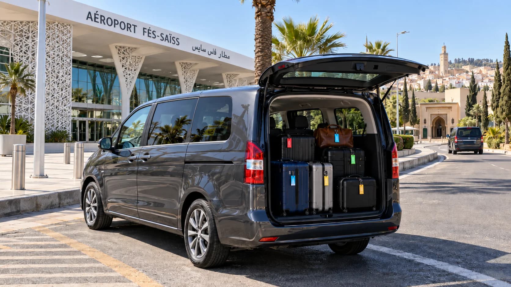 Transferts de groupe depuis l'aéroport de Fès avec plusieurs arrêts à l'hôtel